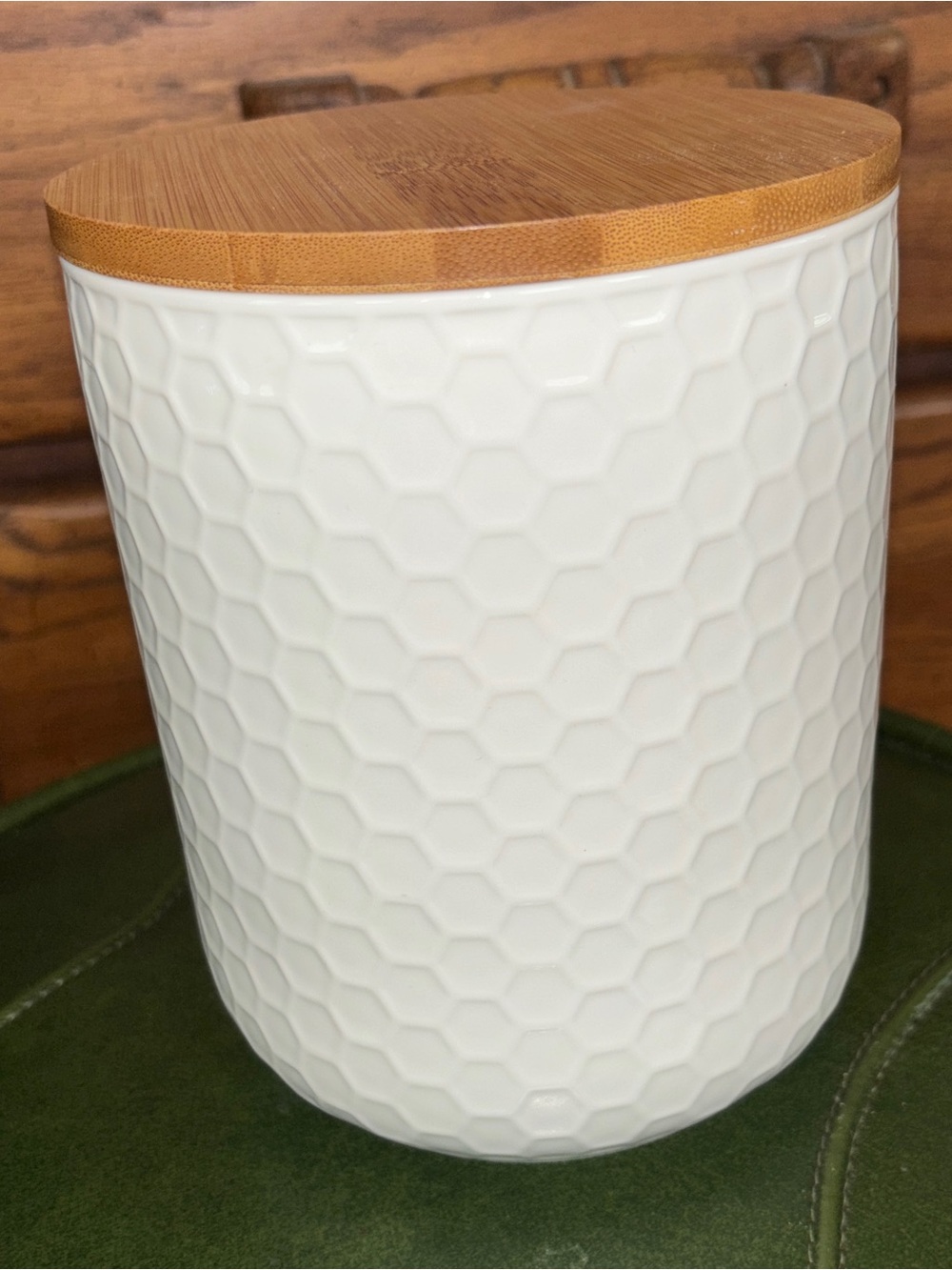 Ceramic Honeycomb Canister with Bamboo Lid - Cream